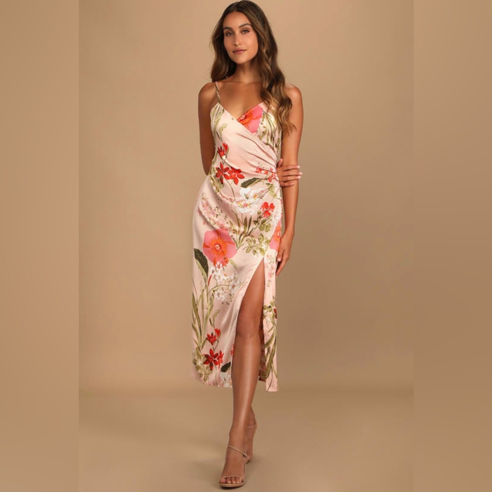 Lulus Remarkable entrance pink floral print satin midi dress